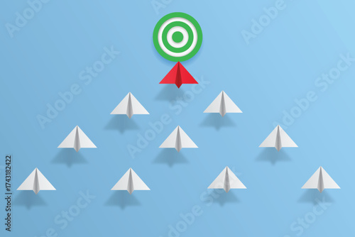 Paper plane go to success goal vector business financial concept start up, leadership, creative idea symbol paper art style with copy space for text. illustration