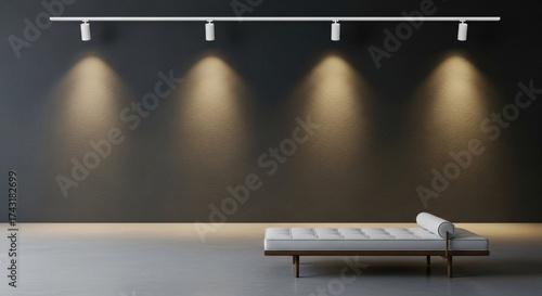 Modern minimalist space with white daybed and spotlight illumination