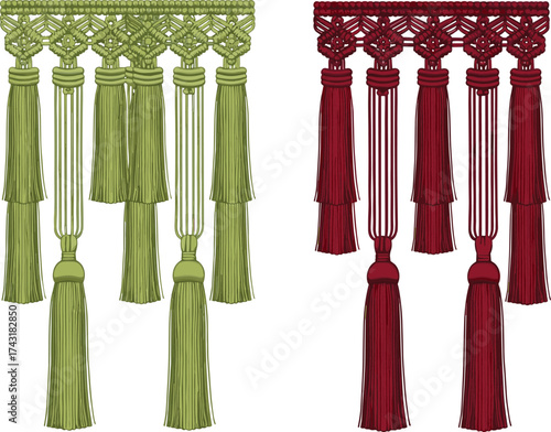 Elegant macrame tassel fringe trim, double layer hanging design, fabric border ornament, handmade curtain decoration, textile craft accessory, home decor embellishment