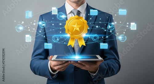 Man holds tablet with glowing award and data network connection