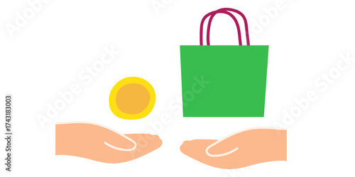 Support Local Business Icon, Hand with Coin and Shopping Bag Vector Illustration on White Background