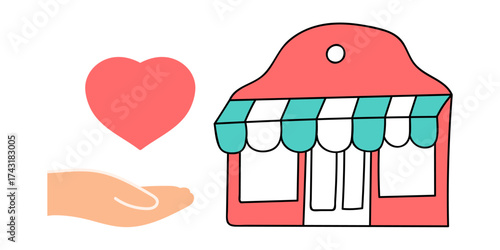 Support Local Business Icon, Hand Offering Heart to Shop, Vector Illustration on White Background