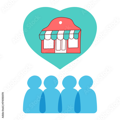 Community Support Local Business Icon, Heart with Shop and People Vector Illustration on White Background