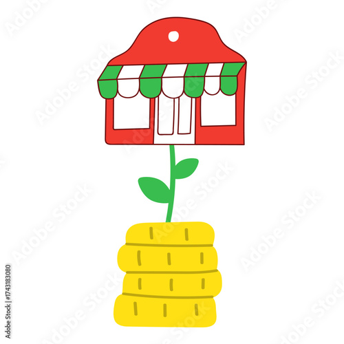 Grow Local Business Icon, Coin with Growing Shop Plant Vector Illustration on White Background