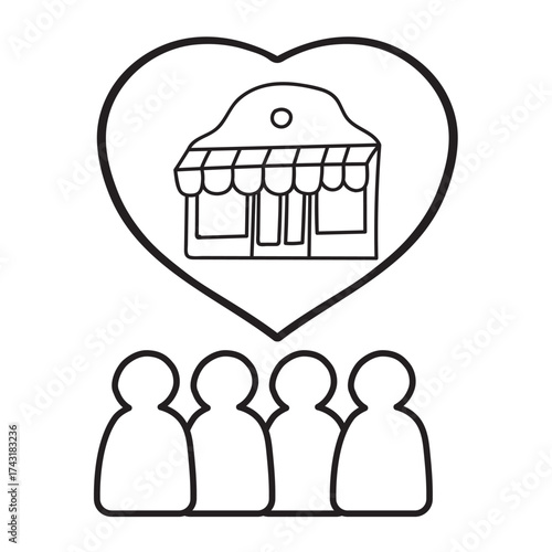 People Support Local Store. Outline Icon, Business in Heart Shape, Minimalist Vector Illustration