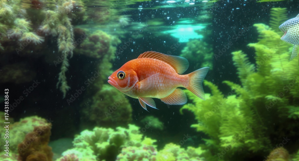 Fototapeta premium Orange fish swims in reef with green algae in clear water