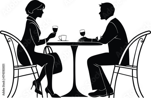 Couple enjoying a romantic dinner date at a cafe silhouette