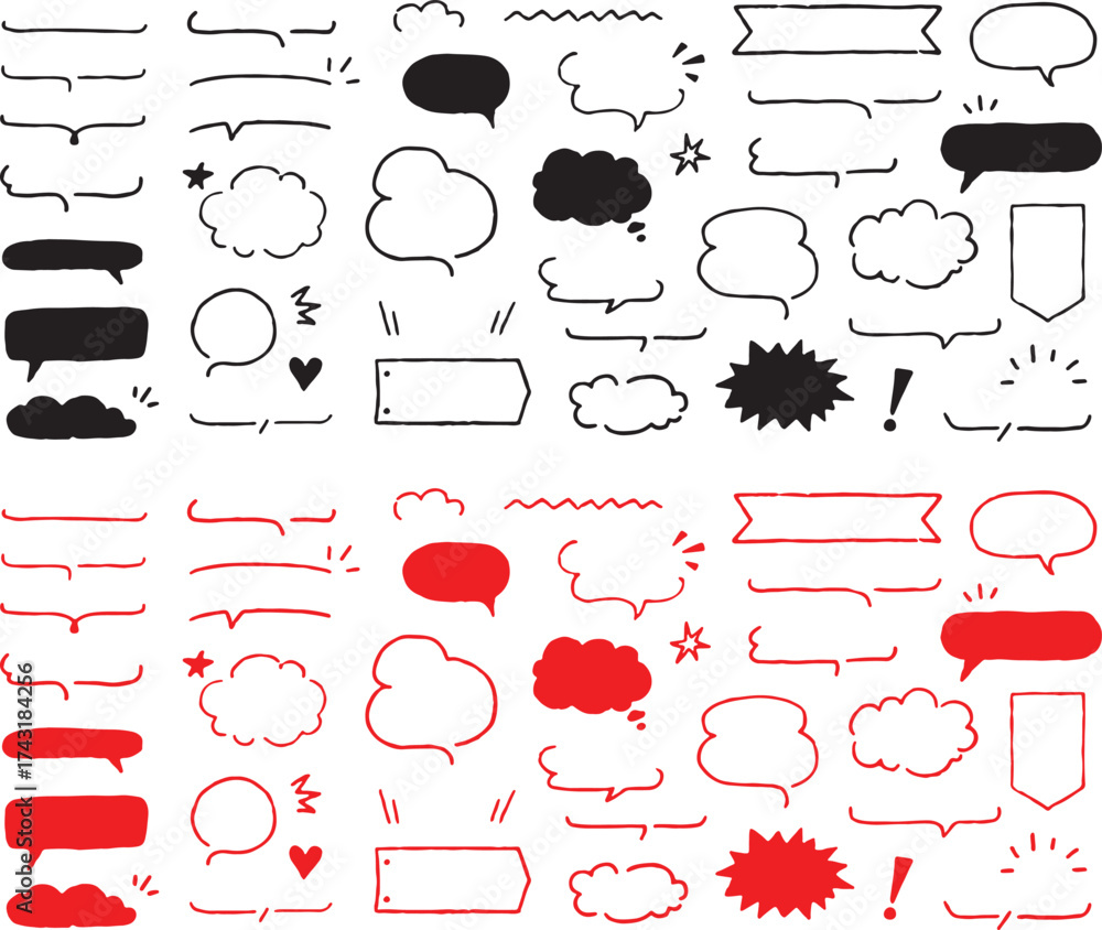 Fototapeta premium Hand Drawn Speech Bubbles and Brackets Black and Red