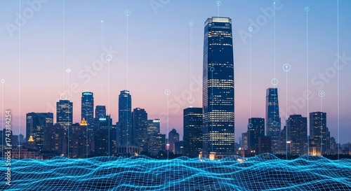 Smart city skyline with futuristic data network visualization at dusk