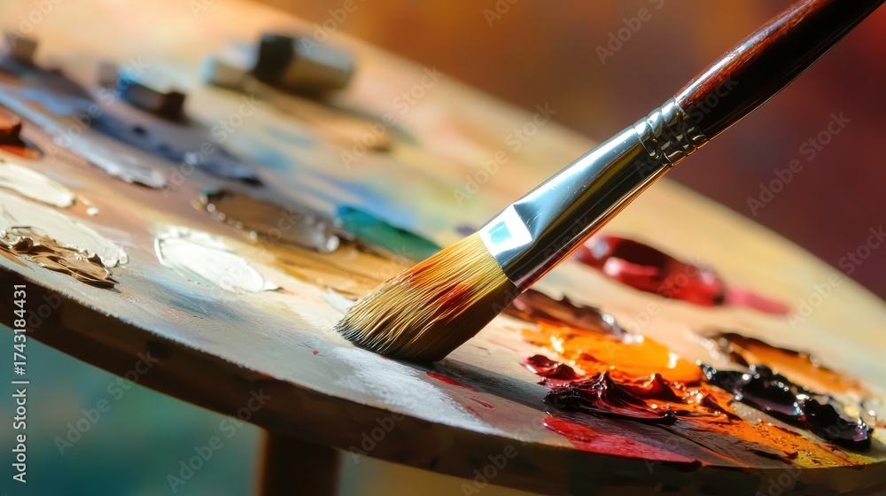 Obraz premium Vibrant paint palette and brush captured during an artistic session in a cozy studio environment