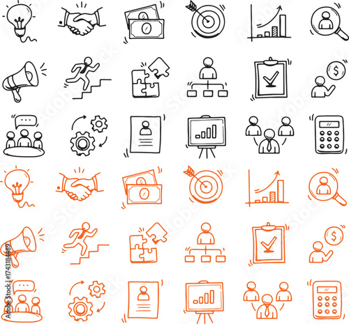 Hand Drawn Business and Finance Icons in Black and Orange