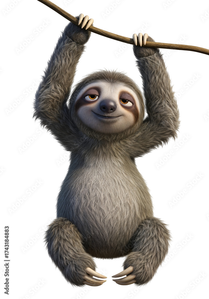 Obraz premium Illustration of a happy cartoon sloth hanging from a branch with its arms, smiling, isolated on transparent background