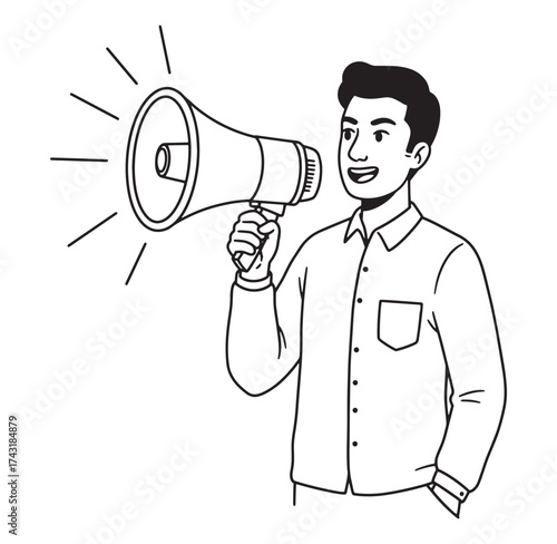 A smiling man holding a megaphone and sharing information with illustrative rays