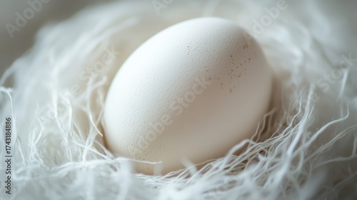 White egg resting in a delicate nest of fibers in a soft, natural setting with peaceful lighting