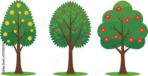 Fruit and flower trees illustration, garden nature design, seasonal plant collection, eco-friendly landscape, colorful flora vector art for decoration