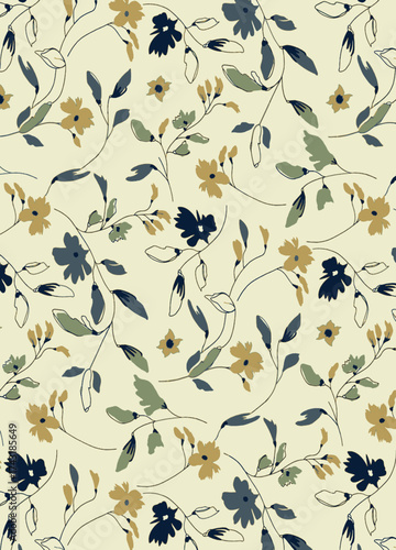 Abstract solid vector textile design, arrangement with small jasmine flowers in a stack, all-over seamless pattern with green and yellow tone color illustration, digital image printing factory

