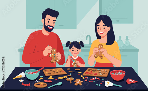 Smiling Family Holding Gingerbread Men and Decorating Cookies