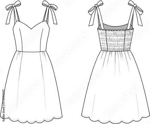 Sleeveless tie strap dress flat sketch, cad drawing flat vector illustration, scalloped hem gown design, fashion technical apparel template, smocked bodice