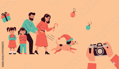 Chaotic Family Christmas Photo with Dog Running Away
