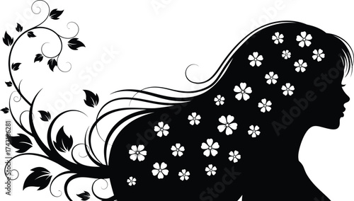 Woman silhouette with flowers and leaves vector illustration