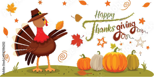 Celebrate Thanksgiving with this fun cartoon turkey and pumpkin harvest scene, perfect for festive cards and invitations for autumn gatherings