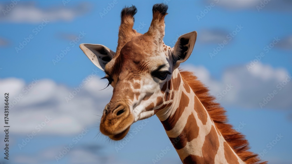 Fototapeta premium Graceful giraffe portrait with stunning blue skies creates a sense of wonder and adventure, perfect for wildlife enthusiasts and travel publications