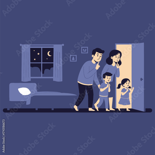 Family Sneaking Out of Bedroom at Night with Shushing Gesture