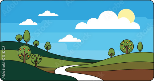 Cartoon landscape illustration with trees hills and sky art