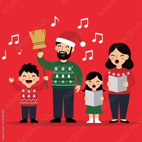 Cheerful Family Singing Christmas Carols on Red Background