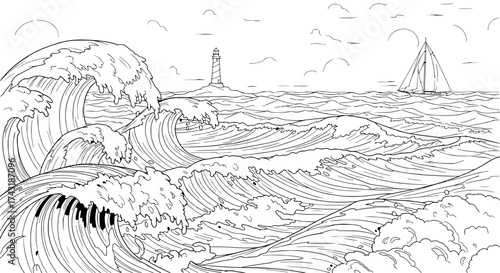 Oceanic Majesty: A sweeping panorama unveils the raw power and beauty of the open ocean, with towering waves, a distant lighthouse, and a lone sailboat navigating the sea.