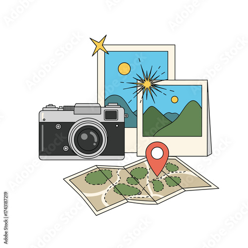 Capturing memories of travels with a camera and a map.
