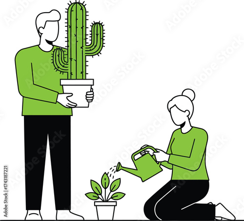 Couple gardening together vector illustration for design use