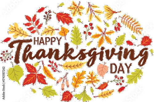 Celebrate Happy Thanksgiving Day with this festive autumn leaf design perfect for greetings, invitations, and creative projects this holiday season