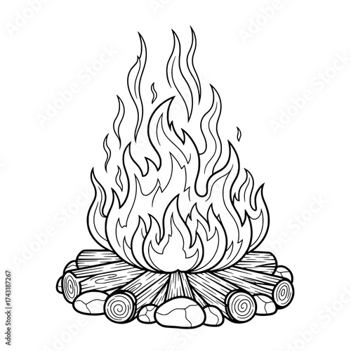 Fiery Hearth: A detailed illustration of a campfire blazing with energy and warmth. perfect for storytelling.