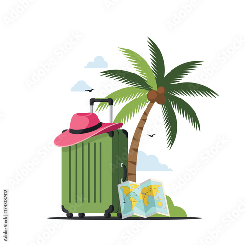 A suitcase and a map for a tropical vacation destination.