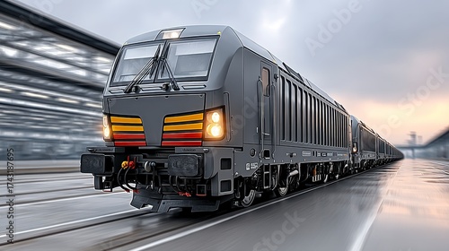 Modern Gray Freight Train Moving on Wet Tracks Under an Overcast Sky Transportation