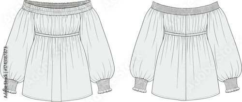 Off shoulder blouse flat sketch, cad drawing flat vector illustration, smocked cuff sleeve top design, fashion technical apparel template, gathered neckline