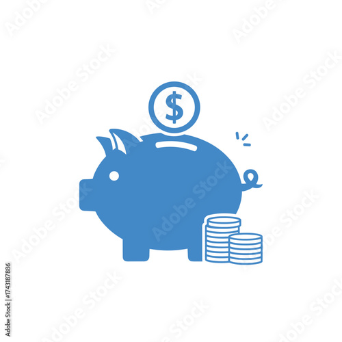 A blue piggy bank with a coin slot and coins nearby represents saving money and financial planning.