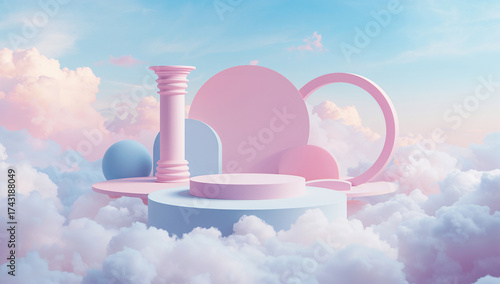 Fototapeta Naklejka Na Ścianę i Meble -  Surreal pastel podiums floating among clouds abstract