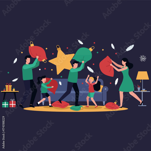 Energetic Family Pillow Fight with Christmas Decorations