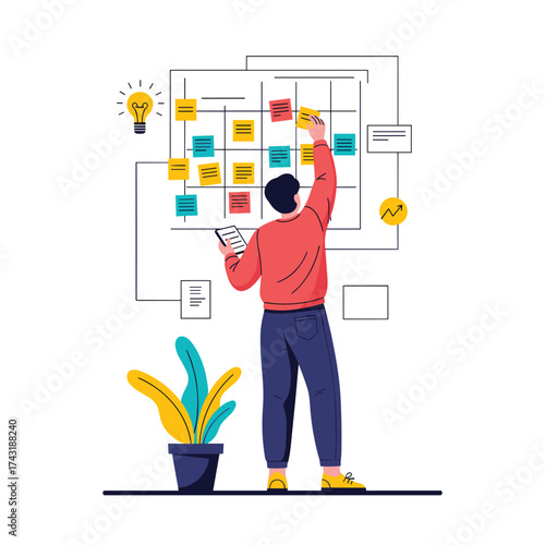 A person arranging sticky notes on a large whiteboard with a plant and light bulb.