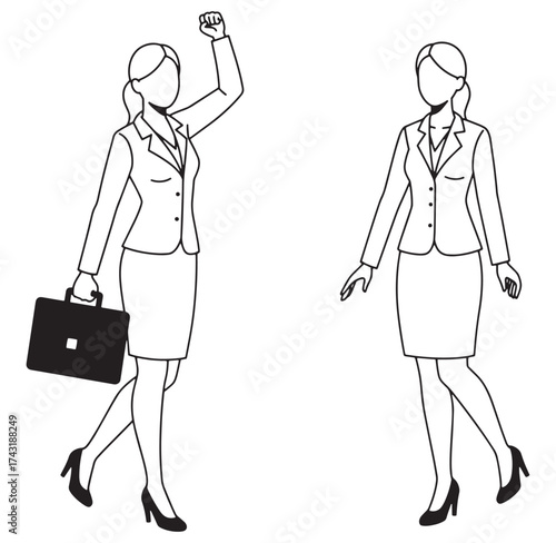 Illustrated black and white businesswomen in suits with briefcase and achieving victory