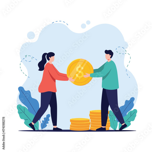 Two people are exchanging a large gold coin with a dollar sign on it.