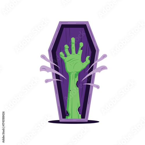 A green zombie hand reaches out from an open coffin with purple mist on a white background.