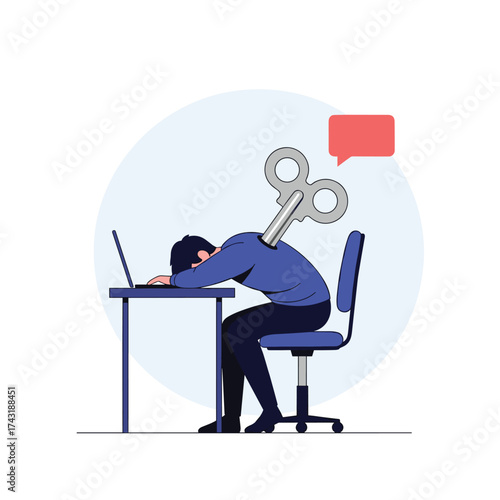 Man with wind up key exhausted at his desk working on a laptop.