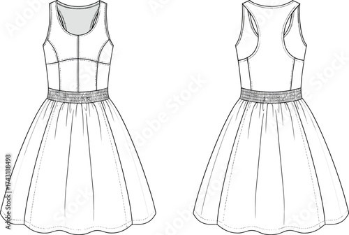 Sleeveless gathered skirt dress flat sketch, cad drawing flat vector illustration, racerback gown design, scoop neckline, fashion technical apparel template