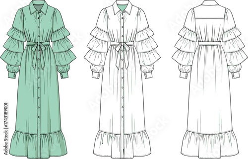 Long dress fashion flat sketch, cad drawing flat vector illustration, technical apparel design, ruffle sleeve dress, button down gown
