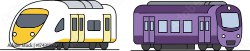 Modern high-speed trains illustration, yellow and purple railway vehicles, electric transport vector, urban metro design, public transportation concept, travel art