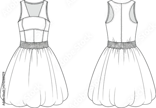 Sleeveless bubble hem dress flat sketch, cad drawing flat vector illustration, racerback gown design, fashion technical apparel template, scoop neckline