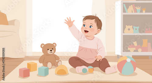 A vibrant flat design illustration of a happy baby girl engaged in playtime on a soft mat, surrounded by simple toys in her nursery. This image captures the joy of early childhood development.